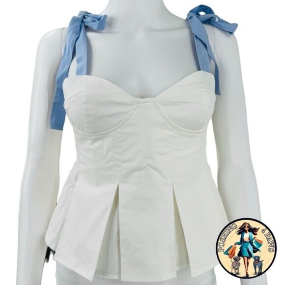 Hyacinth House NEW White and Blue Ophelia Bow Preppy Peplum Top Size Large - Picture 4 of 8